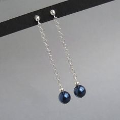 Long Drop Navy Earrings Sterling Silver and Midnight Blue | Etsy Blue Bridal Earrings, Navy Earrings, Pearl Bridesmaid Jewelry, Bridesmaid Pearls