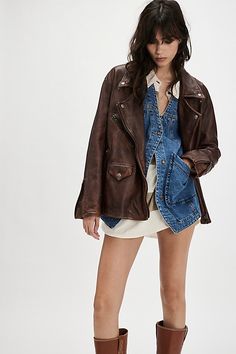 Slouchy moto-inspired jacket featured in a washed luxe leather. * Metal stud detailing throughout * Front zip and sleeve closures * Zip pockets * Lined | We The Free Jealousy Leather Moto Jacket at Free People in Brown, Size: L Comfy Boots Outfit, Free People Leather Jacket, Moto Jacket Outfit, Brown Moto Jacket, Fringe Leather Jacket, Chocolate Fondant, Free People Jacket, How To Make Shorts, Leather Moto