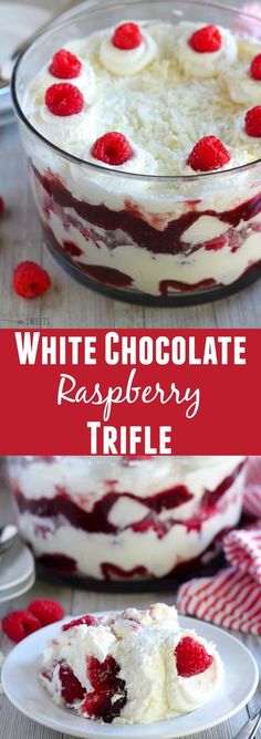 a white chocolate raspberry trifle in a glass dish