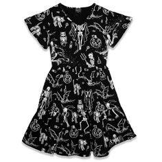 Midnight Mischief Halloween dress Fall Graphic Print Cotton Dress, Spooky Halloween Costume Party Dresses, Black Cotton Dress For Costume Party, Cotton Short Sleeve Dress For Costume Party, Fairy Grunge Halloween Costume Dress, Black Cotton Costume Dress, Fitted Gothic Dress With Skull Print, Black Halloween Dress With Skull Print, Flouncy Sleeves