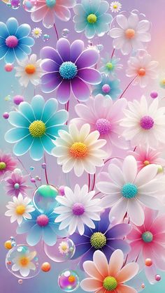 colorful flowers with bubbles floating in the air