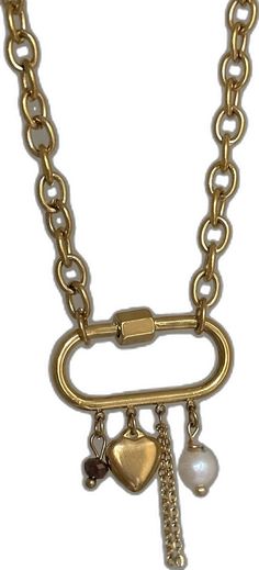 Gold Stainless Steel Jewelry With Paperclip Chain, Gold Chain Link Necklace With Carabiner Clasp, Chain Necklace Gold, Puffy Heart, Mini Heart, Heart Gifts, Pearl Charms, Chain Link Necklace, Gold Charm