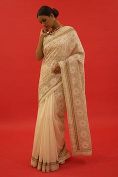 Ivory chanderi saree with mosaic jaal and resham applique hand embroidery. Comes with an unstitched blouse piece. - Aza Fashions Traditional Embroidered Pre-draped Saree For Formal Occasions, Formal Saree With Dori Work In Traditional Drape, Traditional Saree With Intricate Embroidery For Formal Occasions, Traditional Formal Saree With Intricate Embroidery, Beige Pre-draped Saree With Zari Work, Traditional Designer Wear Off White Blouse Piece, Chikankari Embroidery Fabric For Formal Occasions, Traditional Beige Saree With Intricate Embroidery, Fitted Cream Saree With Resham Embroidery