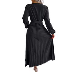 Black Wrap V Neck Pleated Long Sleeve Long Dress Black Solid Maxi Dress For Workwear, Black Pleated Long Sleeve Dress, Black Pleated Long-sleeve Dress, Black Solid Color Maxi Dress For Fall, Black Non-stretch Solid Midi Dress, Black Solid Color Office Dress, Black Long Sleeve Pleated Dress, Long Sleeve Maxi Dress For Office, Solid Color Long Sleeve Maxi Dress For Office