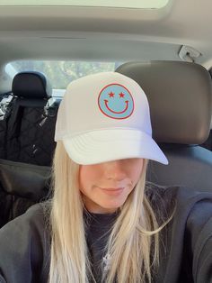 This trucker hat is a unisex fit! The design is NOT A PATCH- It is a HEAT TRANSFER VINL design. The hat itself is a foam front with a mesh back snapback. If this needs to be a rush order it is your responsibility to upgrade your shipping in the checkout process! Please allow 7-9 days for you hats to arrive. If the drop down menu has a preorder option that means I have a restock on the way, please allow up to 2 weeks for preorders! The black w/ tan hat is different than all the other hats, it is Fun White Trucker Hat For Outdoor, White Summer Trucker Hat With Flat Bill, White Flat Bill Trucker Hat For Summer, Trendy White Snapback Hat For Outdoor, Casual Smiley Face Snapback Baseball Cap, Summer Smiley Face Snapback Trucker Hat, Casual Trucker Hat With Smiley Face, Fun Curved Brim Hat For Streetwear, Casual Smiley Face Snapback Hat