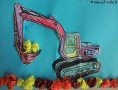 a drawing of a bulldozer and flowers on a blue background