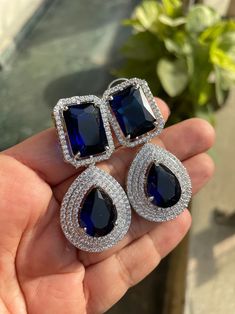 Earrings Sapphire, Diamond Party, Silver Design, Jhumka Earrings, Cz Earrings, American Diamond, Sapphire Blue, Earrings Collection, Chandelier Earrings