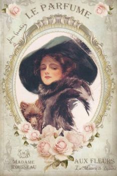 the cover of le parfume by nux fleurres, featuring a portrait of a woman in a black hat with flowers