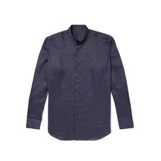 Before founding their label, Saman Amel and Dag Granath went to study in Italy, the tailoring centre of the world: “In terms of cut, ” says Amel, “we land in-between the slightly more masculine Florentine look and the light and effortless Neapolitan make.” Reflecting this balance, this shirt is beautifully made from linen and has a grandad-collar for a classic, laid-back look. Elegant Formal Linen Tops, Classic Formal Linen Shirt, Designer Slim Fit Semi-formal Tops, Classic Linen Formal Shirt, Classic Linen Shirt For Formal Occasions, Designer Business Shirt With Concealed Placket, Semi-formal Long Sleeve Shirt With Concealed Placket, Designer Slim Fit Top For Semi-formal Occasions, Fitted Linen Shirt For Semi-formal Occasions