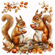 two squirrels eating nuts in the fall leaves