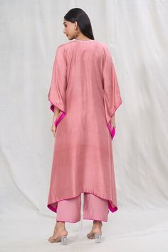 Onion pink kaftan with floral zardozi buttis embroidered all-over. Comes with solid pant. - Aza Fashions Pink Kaftan, Onion Pink, Anushree Reddy, Pant Women, Dupion Silk, Embroidered Silk, Bat Wings, Aza Fashion, Pink Floral