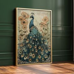 a peacock is standing in front of a green wall with flowers and leaves on it