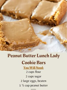 peanut butter lunch lady cookie bars recipe with instructions for how to bake them in the oven