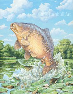 a painting of a large fish jumping out of the water to catch some food in it's mouth