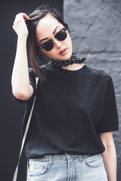 The Chriselle Factor Black Jeans Black T Shirt, Ray Ban Sunglasses Women Wayfarer, Wear A Silk Scarf, Ray Ban Sunglasses Women, Scarf Trends