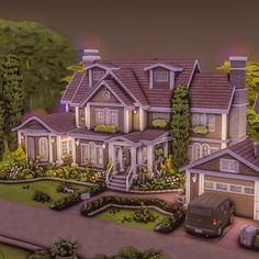 Sims Exterior Design, Sims 4 House With Garage, Big Sims 4 Houses, Sims Mansion Floor Plans, Sims 4 Colonial House, Sims 4 Newcrest Builds, Sims 4 Cute House, Sims 4 Rental House, Suburban House Sims 4