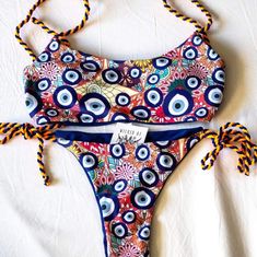 wickedafstore Evil Eye Bikini Set Multicolor Spaghetti Strap Swimwear For Poolside, Multicolor Spaghetti Strap Beachwear Swimwear, Colorful Drawings, Evil Eye, Briefs, Spaghetti Strap, Spaghetti, Elastic, Drawings