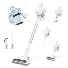 several different types of cleaning equipment including a handheld vacuum and an electric floor scruber