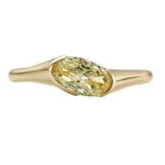 an oval shaped yellow diamond in a gold ring on a white background, with the top half