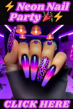 Get ready to glow! Electrify your style with these eye-popping neon nail designs that scream summer fun and festival vibes.,nailart,nails,naildesigns,nailinspo,manicure,beauty,fashion,style,gelnails ,acrylicnails,nailartdesigns,geometricnails,floralnails,frenchmanicure,ombrénails ,marblenails,summer nails,winternails,holidaynails,weddingnails,valentinesnails ,rednails,pinknails,bluenails,nudenails,blacknails,springnails Manicure Party, Random Nails, Jazzy Nails, Purple Nail Art Designs, Nail Party, Sweet Nails, Neon Nail Designs, Pretty Toe Nails