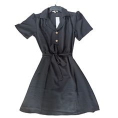 Womens Black Short Sleeve Shirt Dress Small Rockabilly Pinup Style Joie De Vivre Black Button-up Mini Dress For Summer, Casual Short Sleeve Shirt Dress For Night Out, Elegant Short Sleeve Shirt Dress For Night Out, Black Belted Collared Dress, Casual Short Sleeve Shirt Dress For Party, Fitted Black V-neck Shirt Dress, Black Short Sleeve Shirt Dress With Buttons, Black Collared Shirt Dress For Summer, Black Knee-length Shirt Dress For Night Out