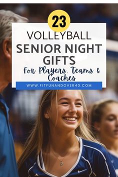 two girls smiling with the words volleyball senior night gifts for players, teams and coaches