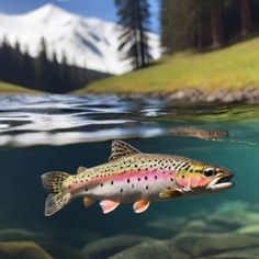 a rainbow colored fish swims in the water near some rocks and grass, with snow capped mountains in the background