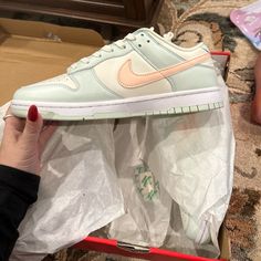 Nike Low Dunk In Pale Green And Crimson. Nike Round Toe Pastel Sneakers, Nike Pastel Sneakers With Round Toe, Pastel Sneakers With Branded Insole And Round Toe, Nike Low Dunk, Low Top Nikes, Nike Air Max Command, Nike Air Max 200, Nike Flight, White Casual Shoes