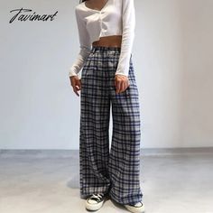 Brand Name: Tavimart Style: CasualWaist Type: HIGHDecoration: ButtonFabric Type: BroadclothPattern Type: PlaidPant Style: Wide Leg PantsMaterial: Cotton LinenFit Type: RegularLength: Full LengthClosure Type: Button FlyModel Number: JK2008282Front Style: Pleated Casual Plaid Bottoms With Button Closure, Casual High Waist Plaid Bottoms, Casual High Waist Plaid Pants, Plaid Wide Leg Pants, Mint Green Prom Dress, Vintage Trousers, Green Prom Dress, Loose Jeans, Applique Dress