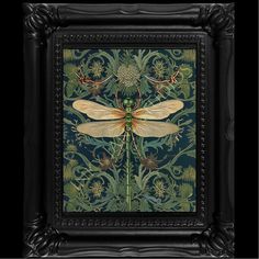 William Morris inspired Art Nouveau dragonfly canvas print with several framing options or available as print only.  This piece is a high quality canvas giclée, displayed in an ornate resin frame with glass cover, easel and hook for display on a tabletop or wall.  See photo for images of frame choices, or order just the print.  "Mini" measures 4"x3.5" on outer edge of frame. Watermark will not appear on your print.  I have several art nouveau prints available in my shop. Check out the rest of my Art Nouveau Farmhouse, William Morris Art Prints, Moody Maximalist, Antique Crocks, Art Nouveau Interior, Art Deco Tiles, Stained Glass Studio, Dragonfly Wall Art, Dragonfly Gifts