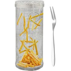 french fries in a mesh container with a fork next to it on a white background