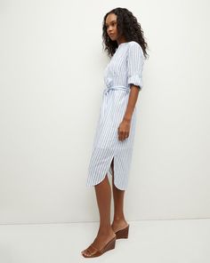 Taking you from city sidewalks to beach boardwalks, the Bianca dress will be on heavy rotation all summer long. It’s made from 100% cotton with a soft, lived-in feel and features a slightly sheer stripe pattern with woven details. Shirting details—patch pockets and interior tabs to secure rolled-up sleeves—complete this timeless silhouette. Wear it solo for a breezy fit or use the removable belt to cinch the waist.100% cottonLining: 100% polyesterDry clean onlyStyle #J2405CO14021265 Cotton Summer Shirt Dress For Day Out, Summer Cotton Shirt Dress For Day Out, Relaxed Fit Summer Shirt Dress For Daytime, Relaxed Fit Shirt Dress For Summer Daytime, Casual Shirt Dress For Daytime In Summer, Beach Summer Midi-length Shirt Dress, Beach Summer Midi Length Shirt Dress, Summer Cotton Shirt Dress, Casual Midi-length Shirt Dress For Beach