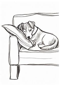 a black and white drawing of a dog laying on a couch with his head resting on a pillow