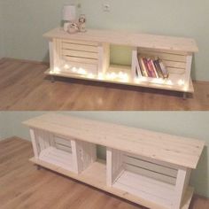 two side by side pictures of a tv stand with books on it and some lights