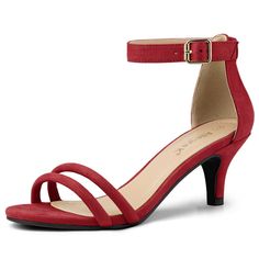 A pair of high heels featuring an open toe with ankle strap, cute kitten heel, and comfortable suede material with soft insole ends.Ankle Strap Kitten Heel Sandals.Buckle Closure Open Toe Mid Heels.Vamp: Faux Suede; Outsole: Rubber; Heel: ABS.Heel Height: 2 5/9 inches. Size: 8.5. Color: red. Gender: female. Age Group: adult. Pattern: Solid. Kitten Heel Shoes, Ankle Strap Block Heel, Kitten Heel Sandals, Red Sandals, Womens Stilettos, Low Heel Sandals, Chunky High Heels, Buckled Heels, Cute Kitten