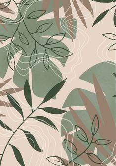 a green and beige wallpaper with leaves on it