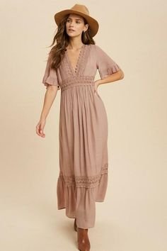 Mauve Dress - Crochet Lace Short Sleeve Dress - Maxi Dress | Boho Pink Flowy V-neck Midi Dress With Lace Trim, Chic V-neck Maxi Dress With Lace Trim, Flowy Floor-length Maxi Dress With Lace Trim, Flowy Lace Trim Floor-length Maxi Dress, Feminine Maxi Dress With Lace Sleeves, Feminine Short Sleeve Maxi Dress With Ruffle Hem, Flowy Floor-length Dress With Lace Trim, Vacation Maxi Dress With Lace Trim, Elegant Maxi Dress With Crochet Trim