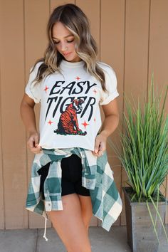 Easy Tiger Tee - ShopSpoiled Casual Everyday Pre-shrunk Tops, Casual Pre-shrunk Shirt For Everyday, Basic Tops With Front Print And Relaxed Fit, Sporty Graphic Print Tops For Everyday, Everyday Sporty Graphic Print Tops, Trendy Tops With Front Print For Everyday, Trendy Everyday Tops With Front Print, Casual Shirt With Front Print, Casual Fall Shirt With Graphic Print