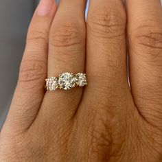 14k Solid Gold Three Stone Moissanite Ring, Special Design Real Gold Ring for Her, Handmade Fine Jewelry by Selanica - Etsy Gia Certified 14k Gold Cluster Ring, Moissanite Yellow Gold Rings For Promise, Yellow Gold Moissanite Cluster Ring, Fine Jewelry Moissanite Cluster Ring, 14k Gold Cluster Ring With Vs Clarity, Gia Certified 14k Gold Cluster Ring For Wedding, Round Moissanite Cluster Ring Fine Jewelry, Gia Certified Oval Yellow Gold Wedding Ring, Gia Certified Yellow Gold Marquise Diamond Ring