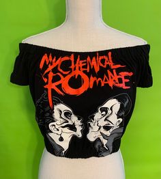 My Chemical Romance Off Shoulders Elasticized Crop Top. Choose your size.  Available in all sizes: Small, Medium, Large. X-Large  Measurements: Small -  31/33" Bust, 26/27" Ribcage  Medium- 34/36" Bust. 28/30" Ribcage  Large- 36/38" Bust, 30/32" Ribcage  X-Large- 38/40"  Bust,  32/34" Ribcage  If you have any questions, please feel free to message me. All items will ship within 3 days of payment received. Emo Crop Top, Summer Crop Top, Alt Clothes, Roblox Shirt, Small Crop Tops, Summer Crop Tops, Payment Received, My Chemical, Pretty Style