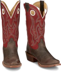 The Ante Up boot combines a distressed hickory-brown leather foot with a vibrant Justin red shaft, accented by classic Western stitching. Equipped with pull holes for effortless on-and-off, it also sports a medium square toe adorned with a decorative toe Western Red Boots With Snip Toe, Western Red Snip Toe Boots, Western Boots For Men Boot Barn, Mens Square Toe Cowboy Boots, Men’s Western Boots, Justin Boots, Work Boots Men, Best Western, Western Cowboy