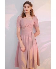 Elegant Ruffled Pink Knee Length Semi Party Dress with Sleeves HTX96008 - GemGrace.com Square Neck Solid Color Midi Dress For Party, Puff Sleeve Dress For Banquet, Party Midi Dress With Square Neck In Solid Color, Solid Color Puff Sleeve Dress For Banquet, Pink Fitted Midi Dress With Puff Sleeves, Spring Solid Midi Dress For Banquet, Solid Spring Midi Dress For Banquet, Solid Midi Dress For Spring Banquet, Spring Solid Color Midi Dress For Banquet