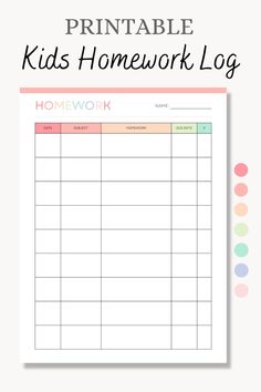 the printable kids's homework log is shown on top of a white background