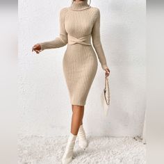 New Luxe Ribbed Bodycon Stretch Turtleneck Dress Twist Waist Beige Tan * Long Raglan Sleeve * Soft Stretch Pullover * Turtle Neck * Ribbed Bodycon Midi Pencil Skirt *Approximate Unstretched Measurements* Xs (2) * Bust 22"(Up To 34")* Waist 22" * Hip 22"(Up To 35.75") * Sleeve Length 26" * Length 40.5" Small (4) * Bust 23.5"(Up To 35.25") * Waist 23.5" * Hip 23.5"(Up To 37.5") * Sleeve Length 23.5" * Length 41.25" Medium (6) * Bust 25.25"(Up To 37")* Waist 25.25" * Hip 25.25"(Up To 39") * Sleeve Winter Beige Knee-length Bodycon Dress, Winter Beige Long Sleeve Bodycon Dress, Beige Long Sleeve Winter Bodycon Dress, Beige Bodycon Sweater Dress For Winter, Beige Knee-length Bodycon Dress For Fall, Winter Beige Mini Bodycon Dress, Winter Beige Mini Length Bodycon Dress, Beige Ribbed Long Sleeve Bodycon Dress, Beige Mini Bodycon Dress For Winter