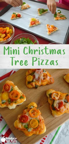 mini christmas tree pizzas with tomatoes and cheese on them, are ready to be eaten