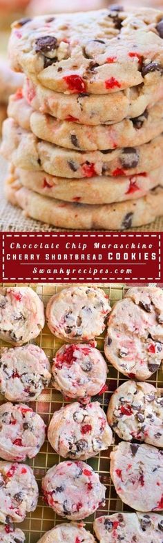 cookies are stacked on top of each other with cranberry sauce and chocolate chips