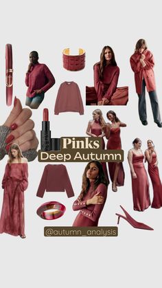 This collage showcases a range of warm, rich pinks perfect for a Deep Autumn color palette. The images include cozy knits, textured accessories, elegant satin dresses, and a deep pink lipstick that complements the earthy undertones of Deep Autumn. The tones range from muted rose to deeper berry, enhancing the warmth and sophistication of fall fashion. Ideal for those who love grounded, autumnal hues that bring depth and vibrancy to their wardrobe Autumn Style Inspiration, Earthy Pink, Warm Fall Outfits, Deep Autumn Color Palette, Autumn Color Palette, Deep Autumn, Dark Autumn