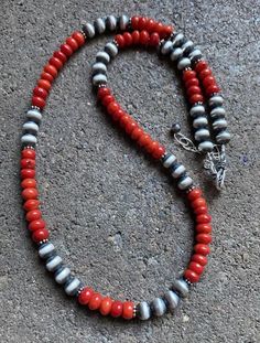 Sterling Silver Red Coral Navajo Pearls Bead Necklace 18 inch Western Style Red Jewelry As Gift, Southwestern Hand-strung Round Necklace, Southwestern Style Round Beaded Necklaces With Large Beads, Southwestern Red Jewelry With Gemstone Beads, Southwestern Style Red Jewelry With Gemstone Beads, Southwestern Style Red Gemstone Beads Jewelry, Southwestern Red Round Jewelry, Southwestern Style Round Red Jewelry, Artisan Red Jewelry With Silver Beads