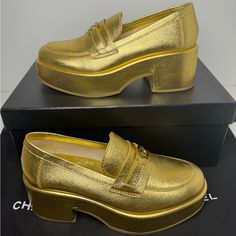 Incredible Chanel Eye Catching Loafer! Size 6 Comes With Box/Dustbag Never Worn 100% Authenticity Guarantee Retail $1350 Message Me With Any Questions Thank You! Luxury Slip-on Platform Loafers For Formal Occasions, Luxury Gold Loafers For Party, Designer Gold Formal Loafers, Luxury Gold Loafers For Office, Gold Luxury Loafers For Office, Gold Luxury Office Loafers, Gold Formal Loafers With Branded Insole, Gold Slip-on Loafers For Evening, Luxury Gold Loafers In Calf Leather