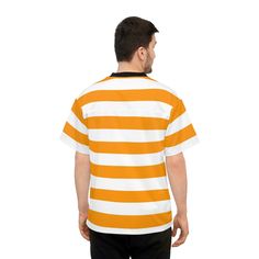 Are you looking for a casual and trendy shirt for a night out? Look no further! This unisex, orange and white striped, tshirt from size XS till 4XL is the perfect attire for any occasion. Made of 100% polyester and made of the highest quality material, this breathable, wicking shirt will keep you feeling cool all day. See more striped clothing View the full Plus Size collection + PRODUCT DESCRIPTION + Top material: 100% polyester (6.78 oz/yd² (230 g/m²)) Bottom material: 100% polyester mesh (4.8 Summer Streetwear T-shirt With Contrast Stripes, White Relaxed Fit T-shirt With Contrast Stripes, White T-shirt With Contrast Stripes For Summer, Casual Short Sleeve T-shirt With Striped Collar, White Contrast Stripes T-shirt For Summer, Summer Relaxed Fit Tops With Three Stripes, Summer Shirt With Contrast Stripes In Relaxed Fit, White Vertical Stripes T-shirt For Summer, White Vertical Striped T-shirt For Summer